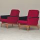 Pair of Drevotex Zamberk armchairs, red fabric and faux leather 1970