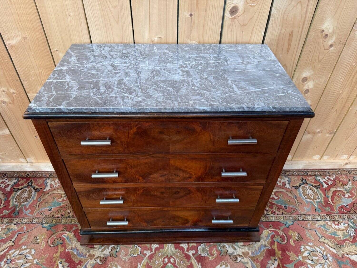 Commode Art Déco – Placage de noyer en ronce & marbre – Années 1930