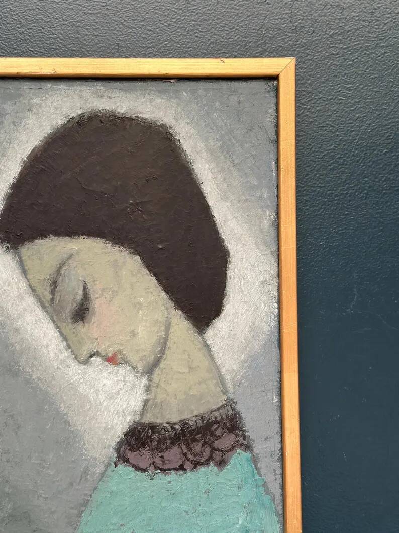 Original Swedish oil on canvas – "Lady" by Helge Holmlund – Signed – vintage and framed – 65 × 36.5 cm (25.6" × 14.4")