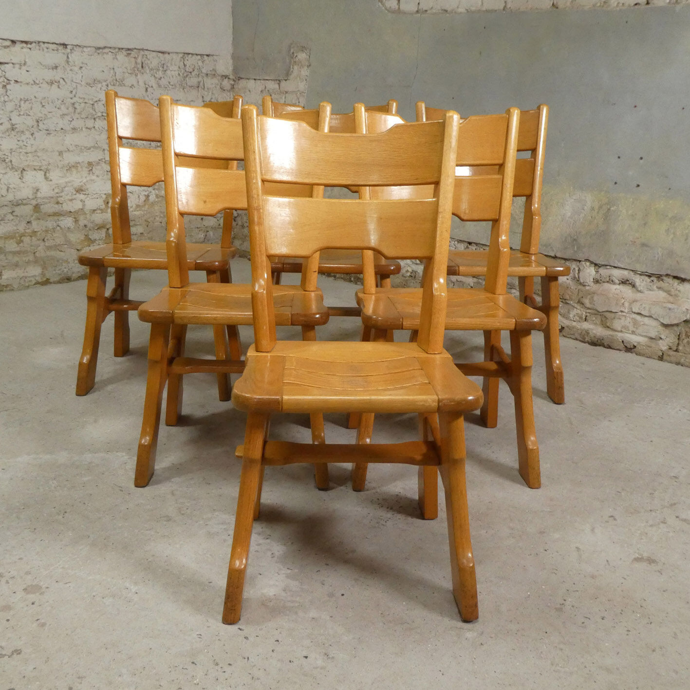 series of 6 brutalist chairs in blond oak, 1970
