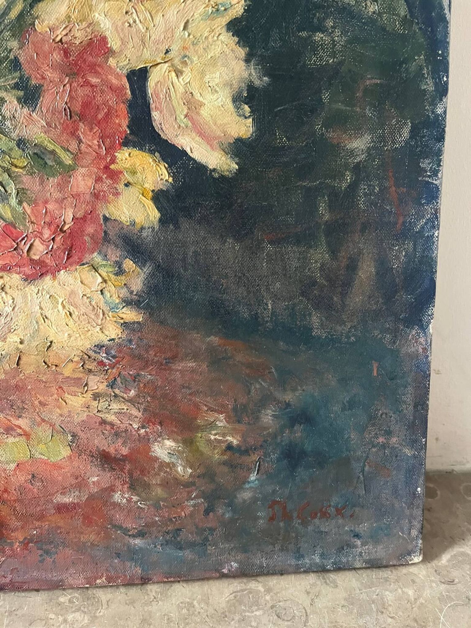 Bouquet d’œillets en vase bleu et blanc, signée