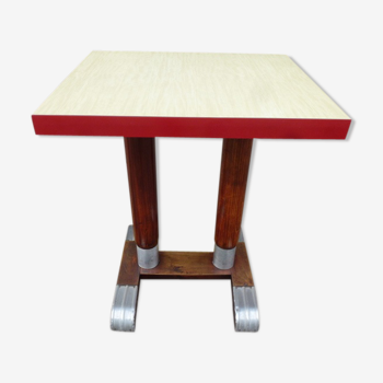 Table de bistrot vintage 2 places plateau jaune en formica et bois