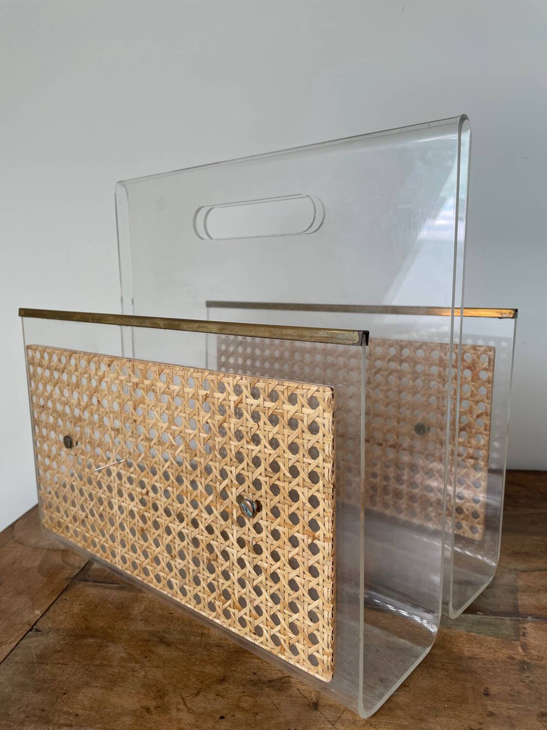 Magazine rack in plexiglass, brass and cane, 1970