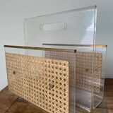 Magazine rack in plexiglass, brass and cane, 1970