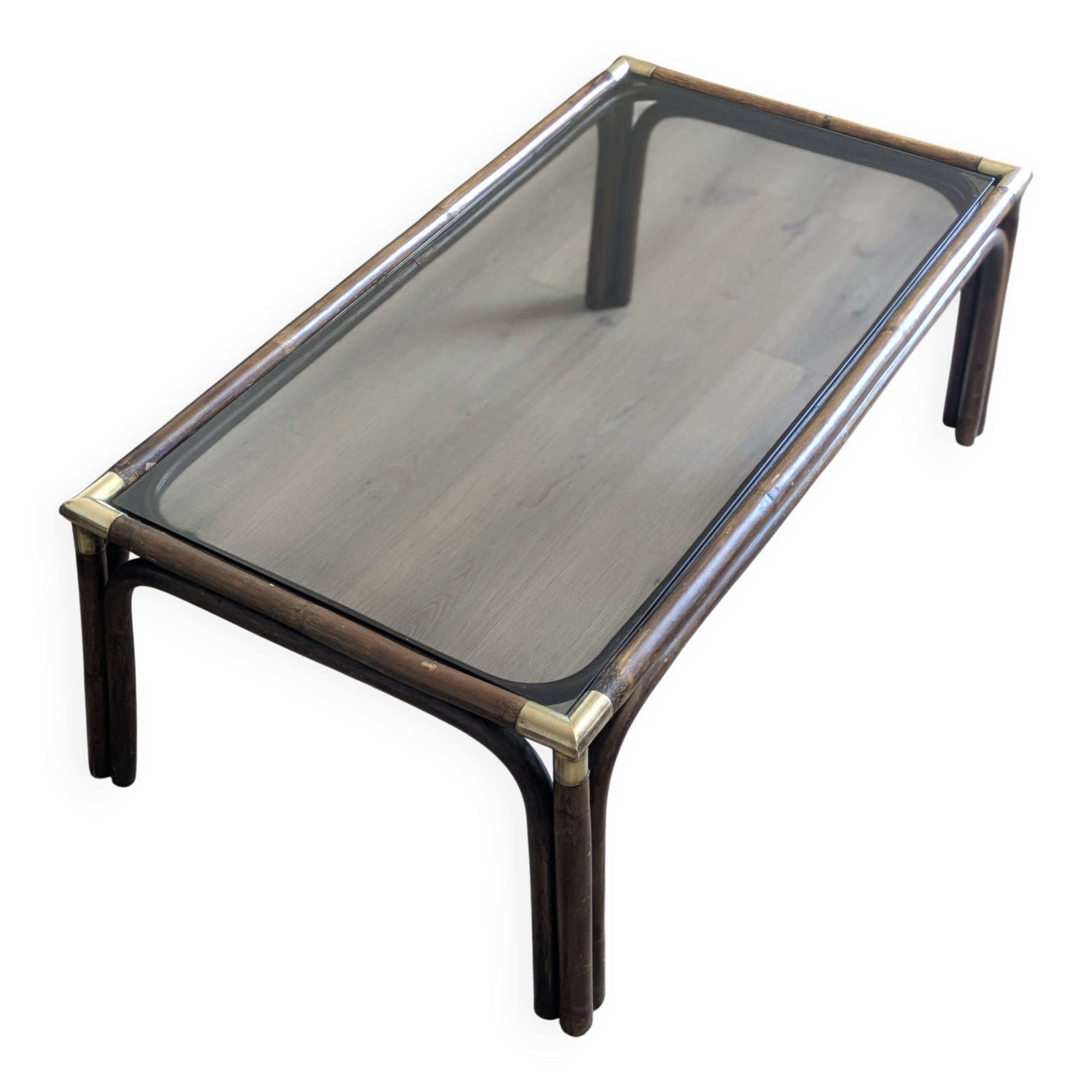 Bamboo coffee table with brass corners and smoked glass