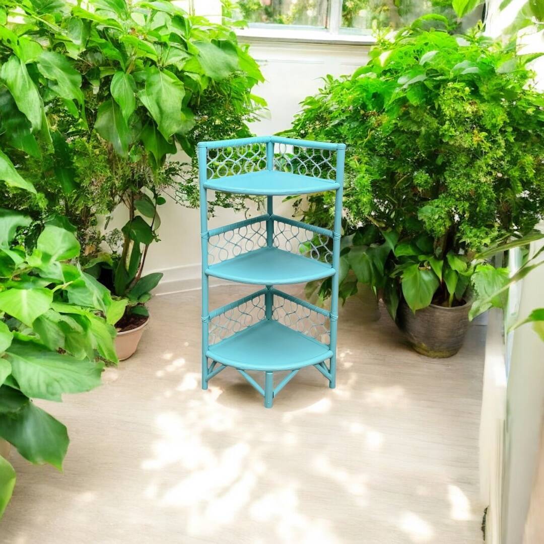 Vintage turquoise rattan corner shelf 1960