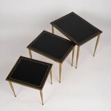 Neo-classical nesting tables in brass and leather - Belgium 1960's