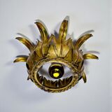 Sunburst ceiling light fixture or sconce in gilt wrought iron, Spain, 1960s