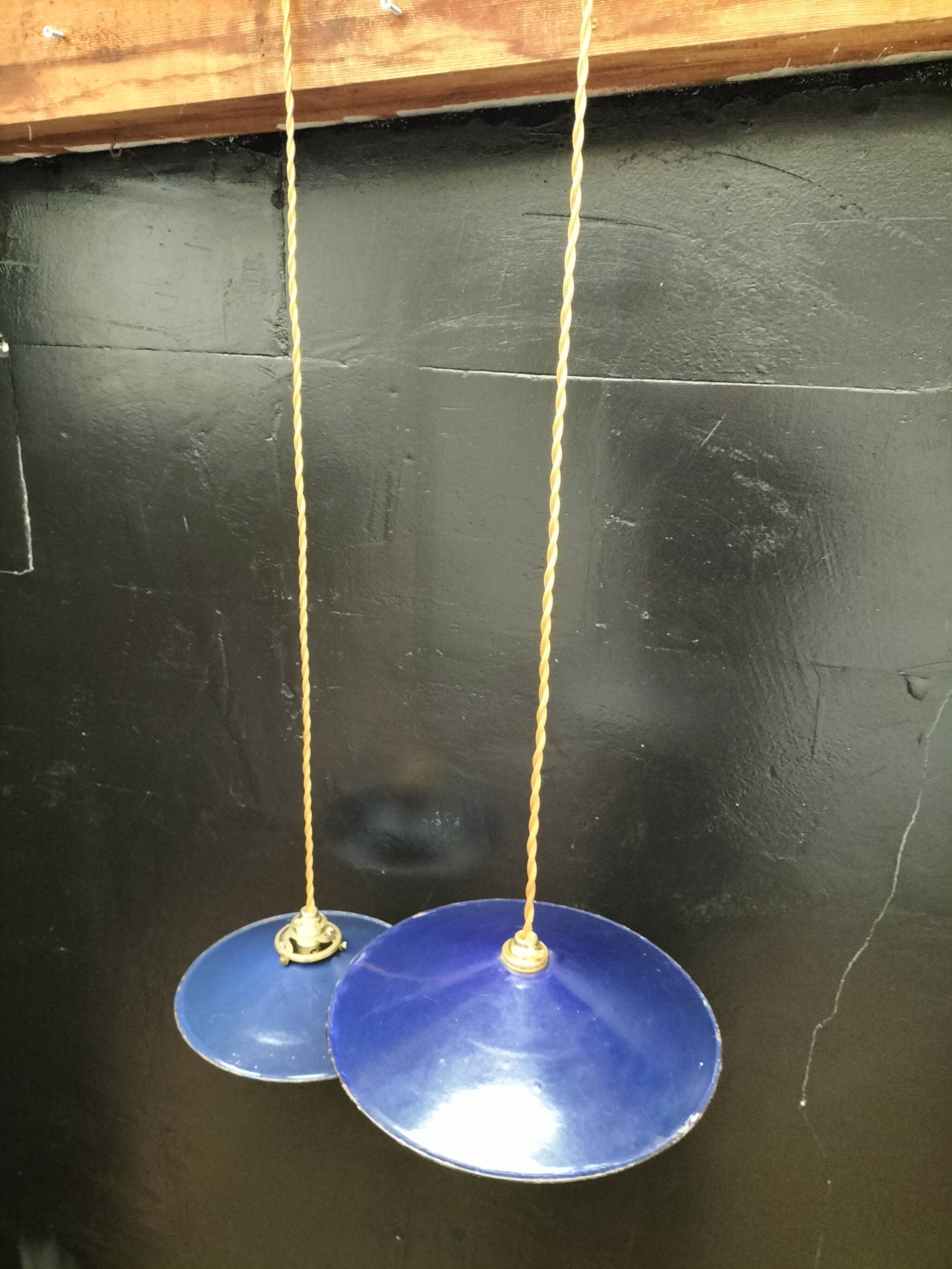 Blue enameled sheet metal pendant lights