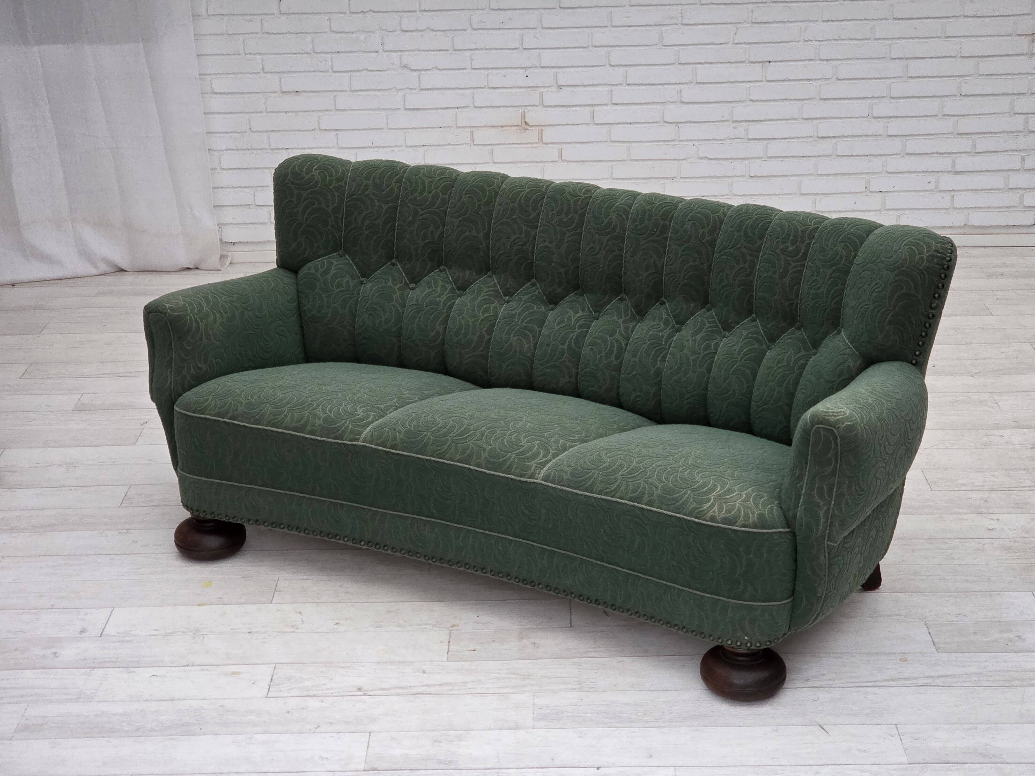 1960s, Danish 3-seater sofa, green furniture wool, oak wood.