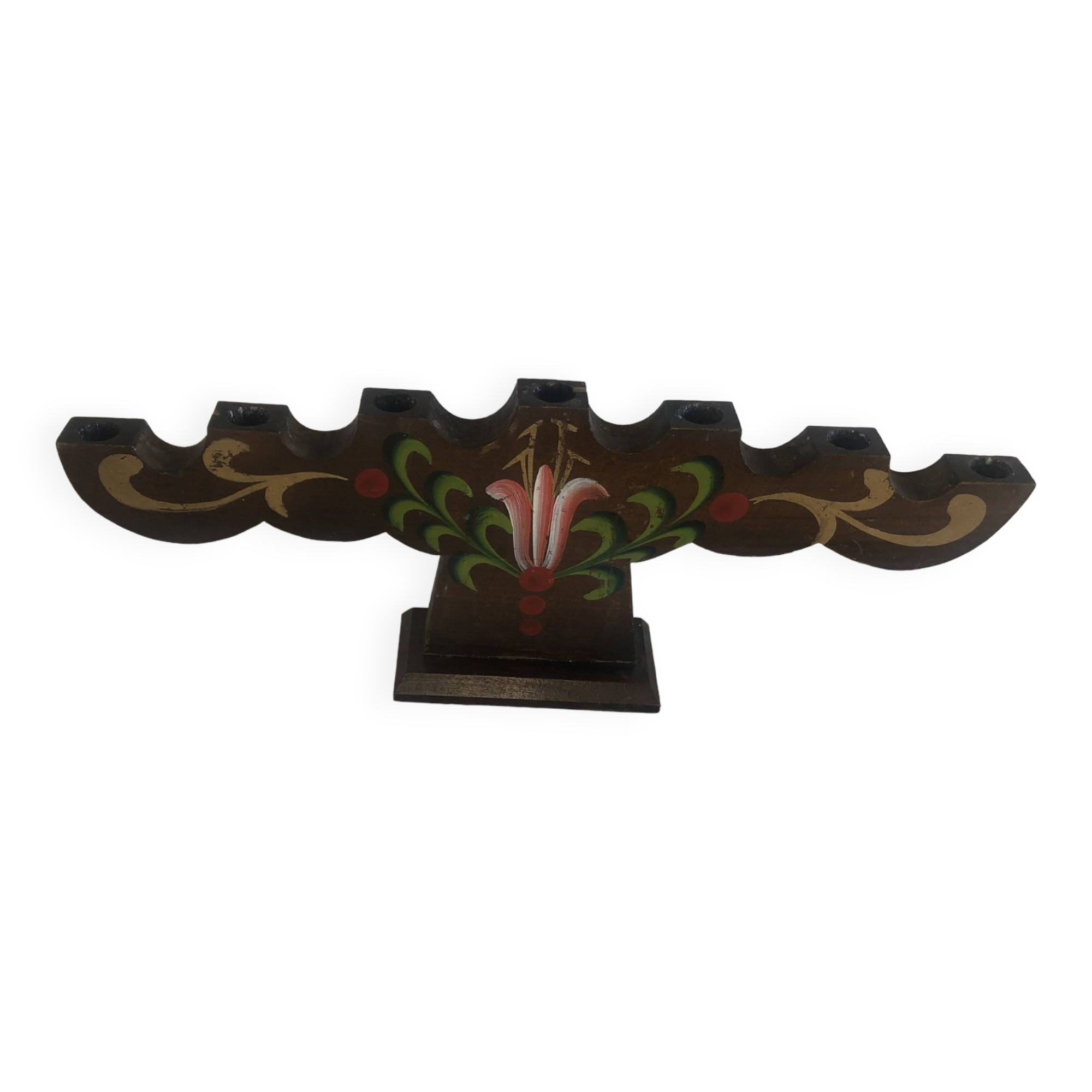 Artisanal candlestick in hand-painted solid wood, Scandinavian origin, folk art