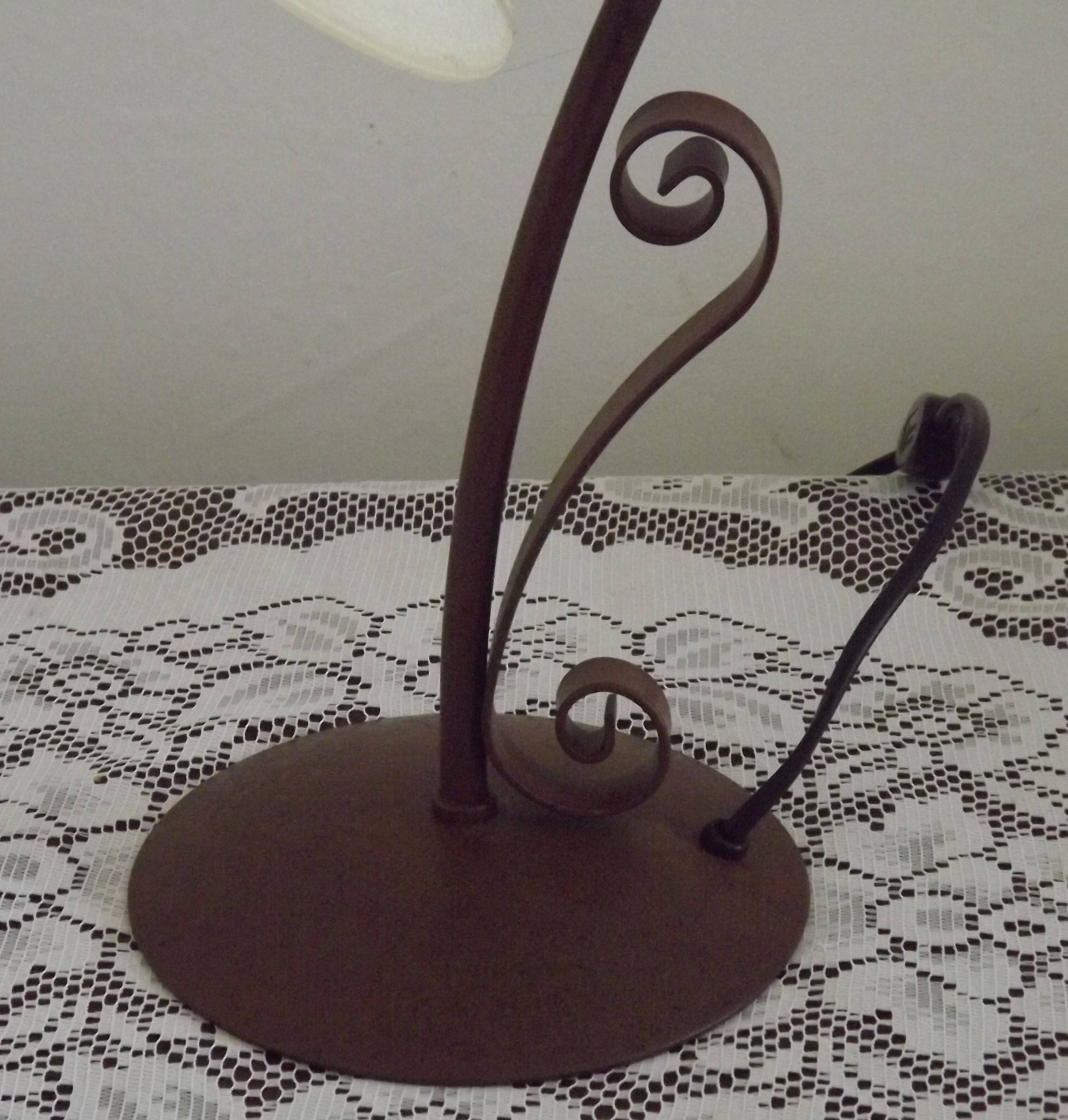 Vintage French Brown Metal Goose Neck Lamp With Textured Glass Shade