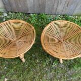 Pair of Spiral Stools in Wicker Rattan Made in France Vintage #B796