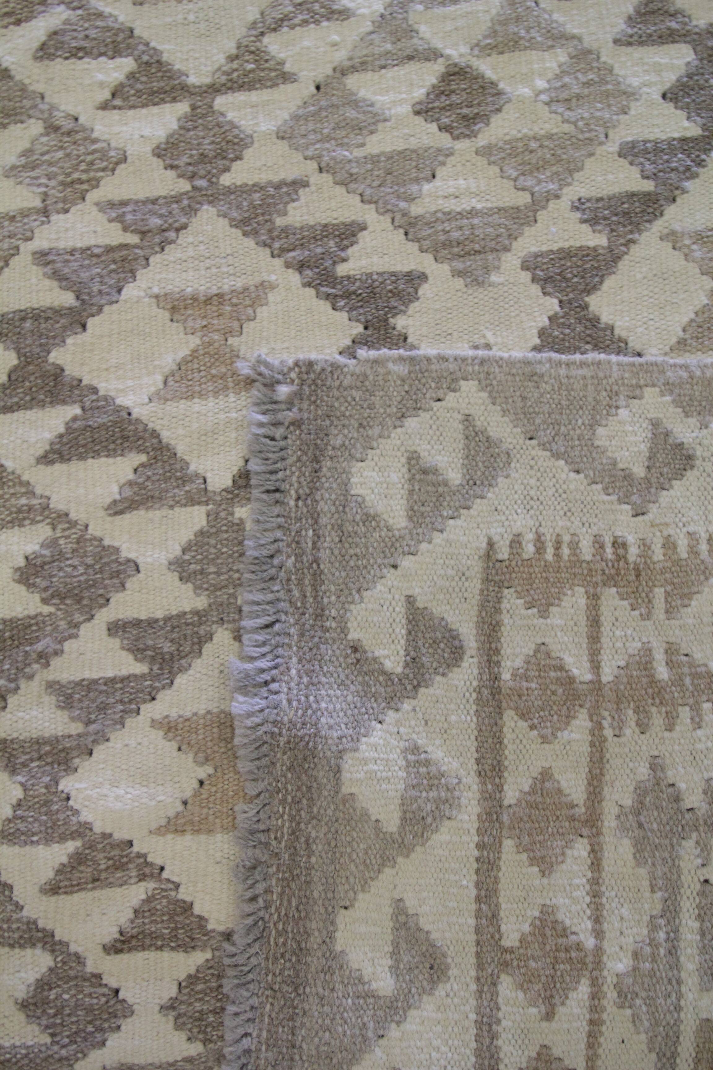 Tapis Kilim kaki-brun, laine afghane tissée à plat, tapis tribal géométrique fait main