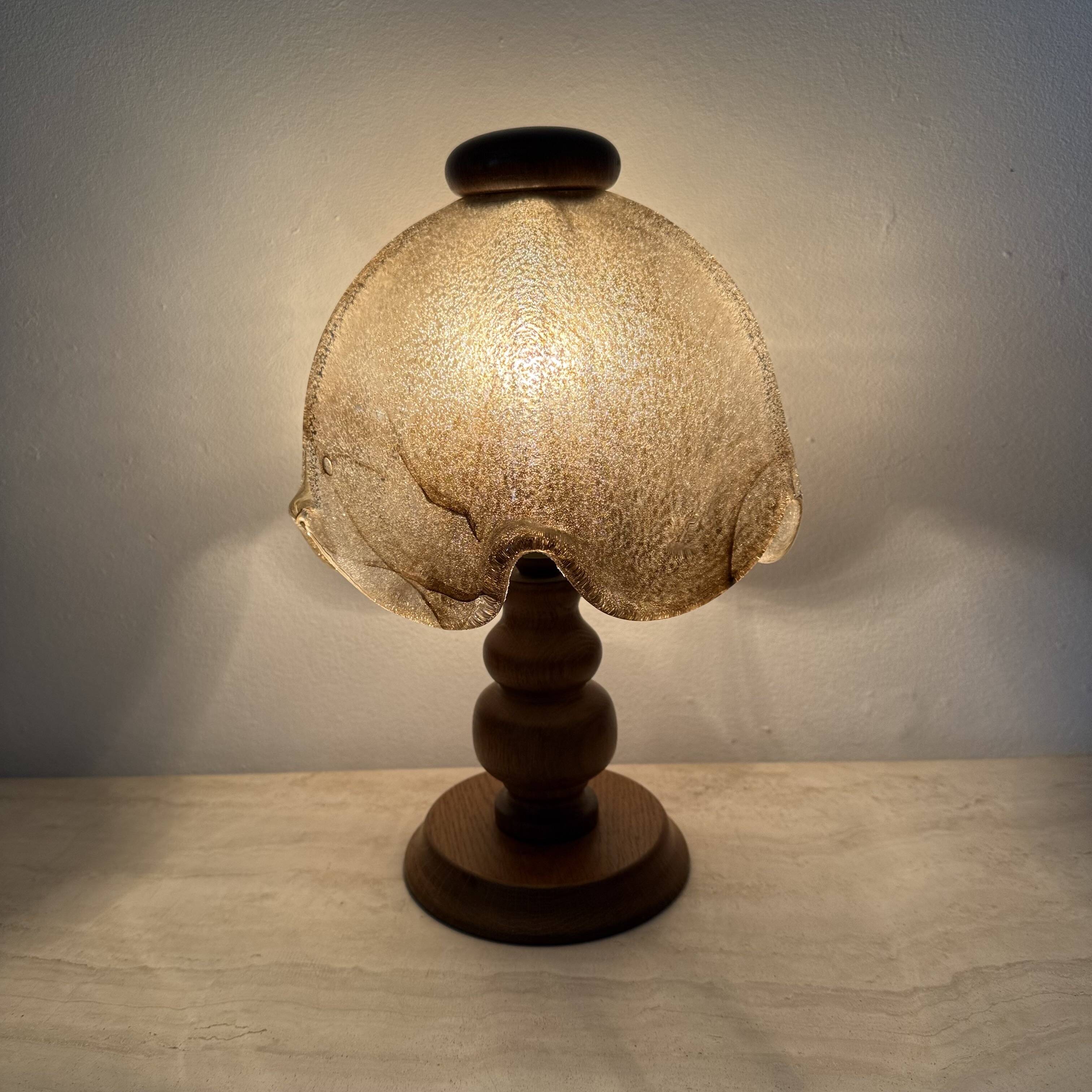 Vintage brutalist glass table lamp with solid oak wooden base , 1970s