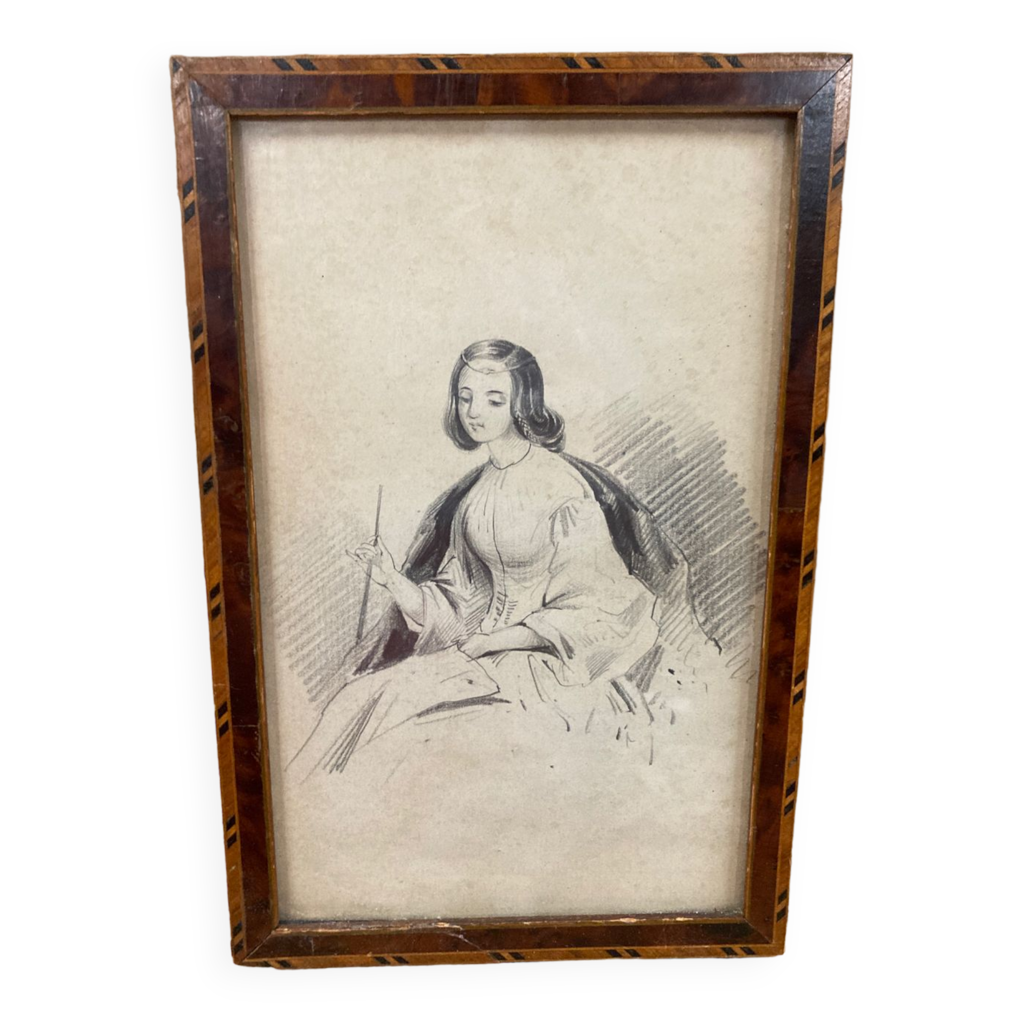 Portrait 19th young woman romantic marquetry frame