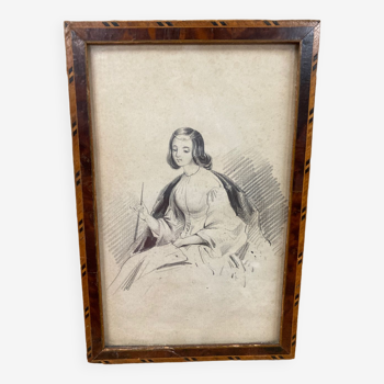 Portrait 19th young woman romantic marquetry frame
