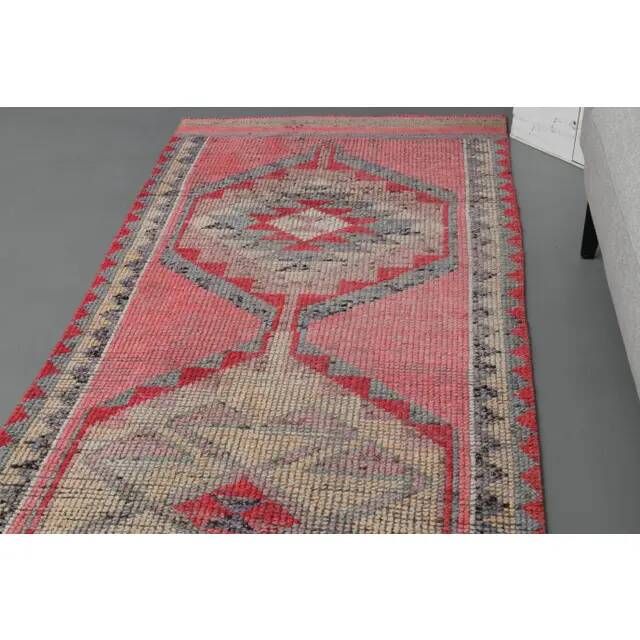 Vintage Turkish Hand-Knotted Wool Cotton Pink Runner Rug 98x330