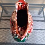 Earthenware pitcher signed vallauris, brown, orange, green, flammé décor, tbe.