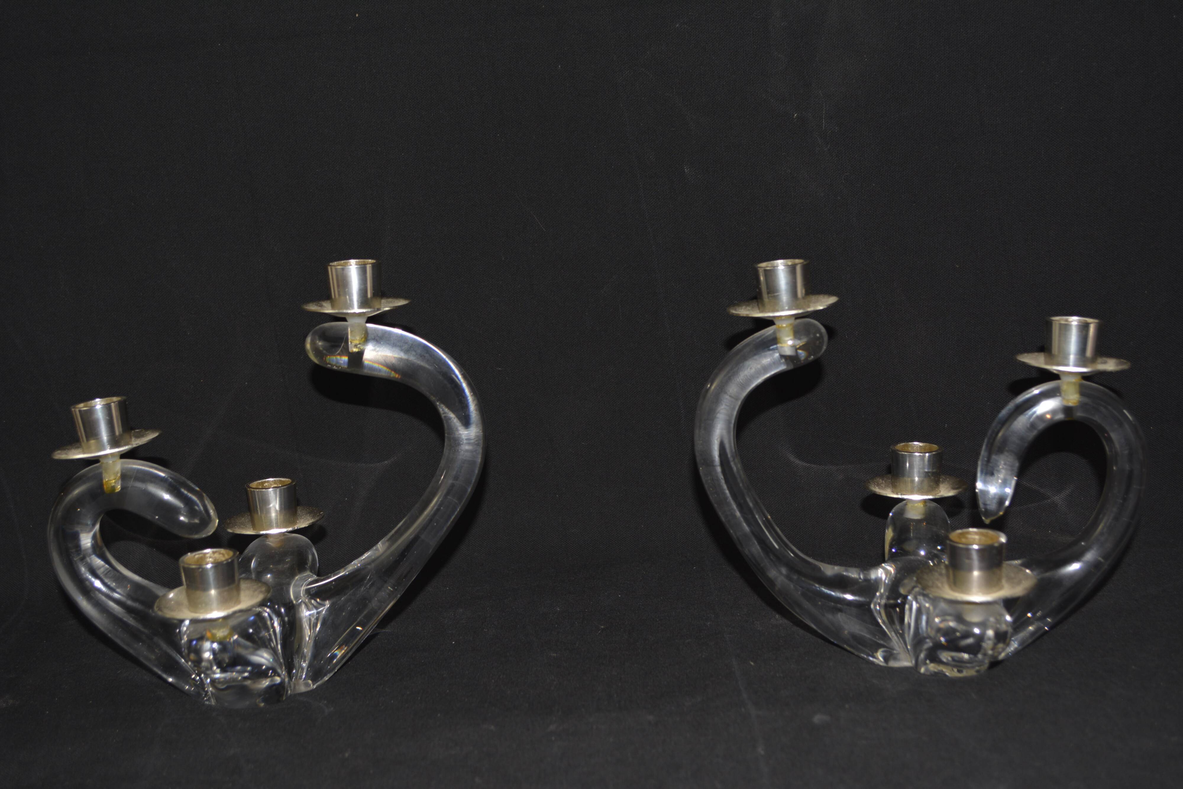 Pair of glass candle holder - Handmade - Signed.