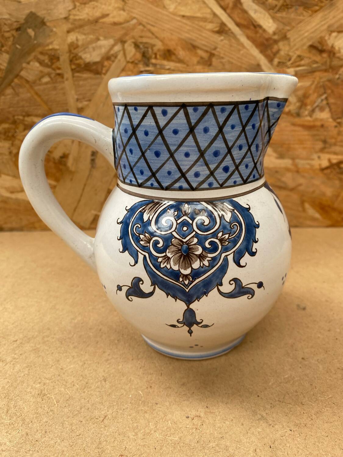 Antique Nevers Style Pitcher White Ceramic Blue Painted Decor Vintage #B630