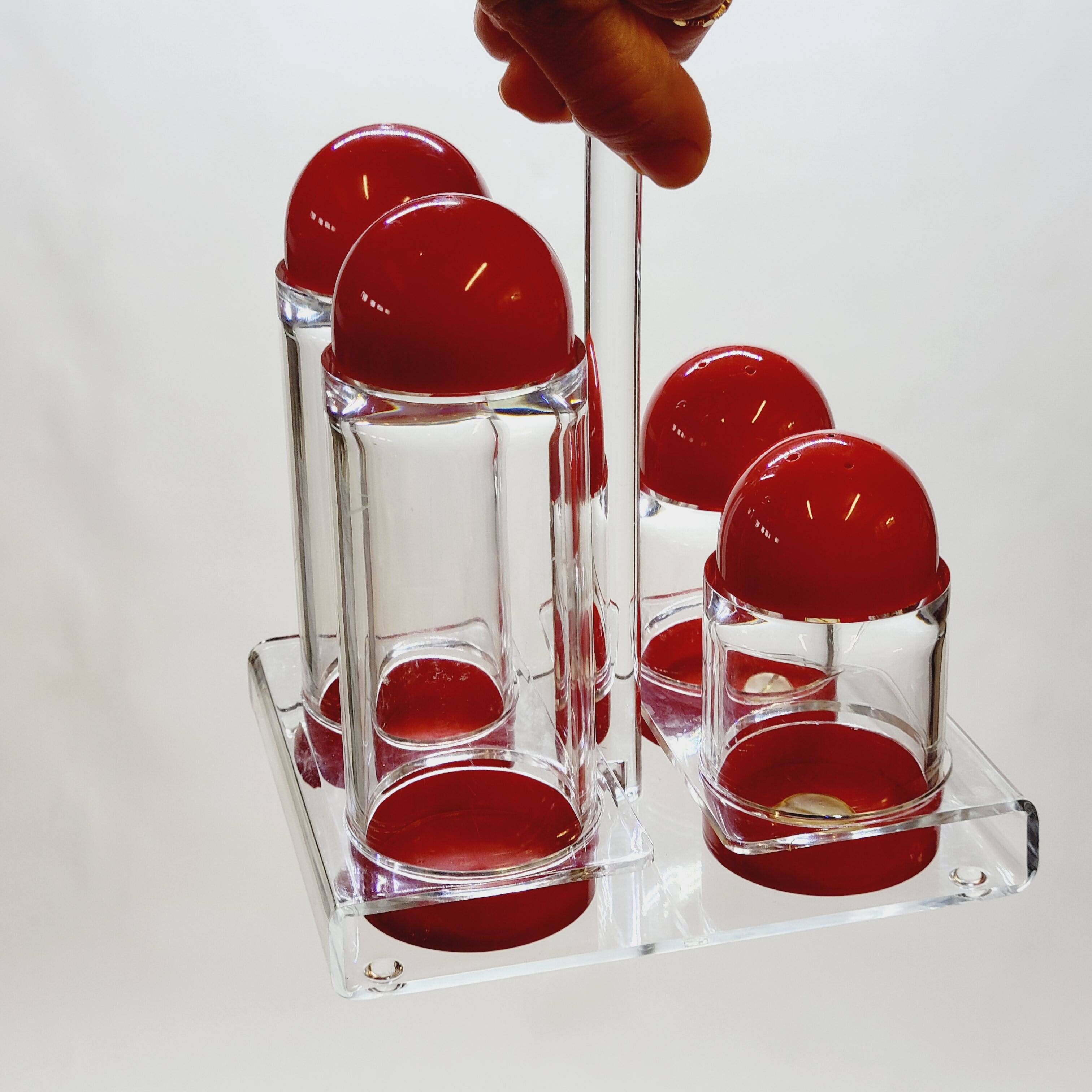 Condiment service oil vinegar salt pepper vintage plexi and red plastic
