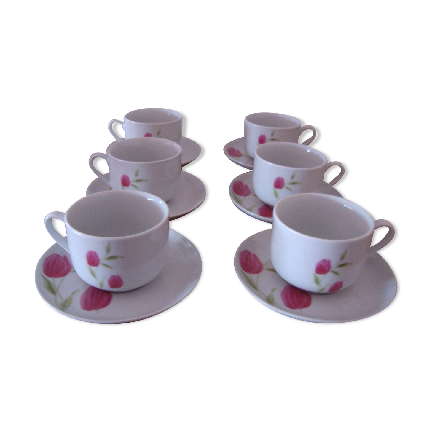 6 old white porcelain coffee cups decorated with tulips