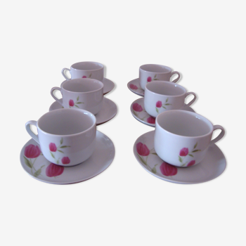 6 anciennes tasses à café en porcelaine blanche décorées de tulipes