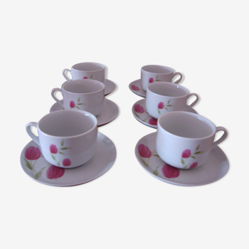 6 old white porcelain coffee cups decorated with tulips