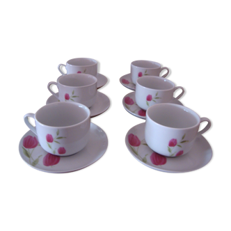 6 anciennes tasses à café en porcelaine blanche décorées de tulipes