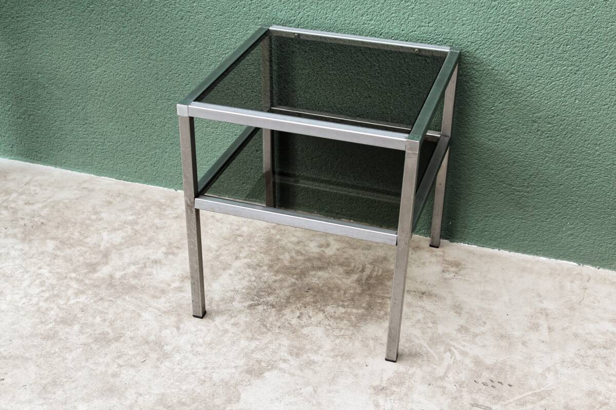 End table, chrome metal and smoked glass coffee table
