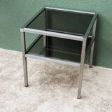 End table, chrome metal and smoked glass coffee table