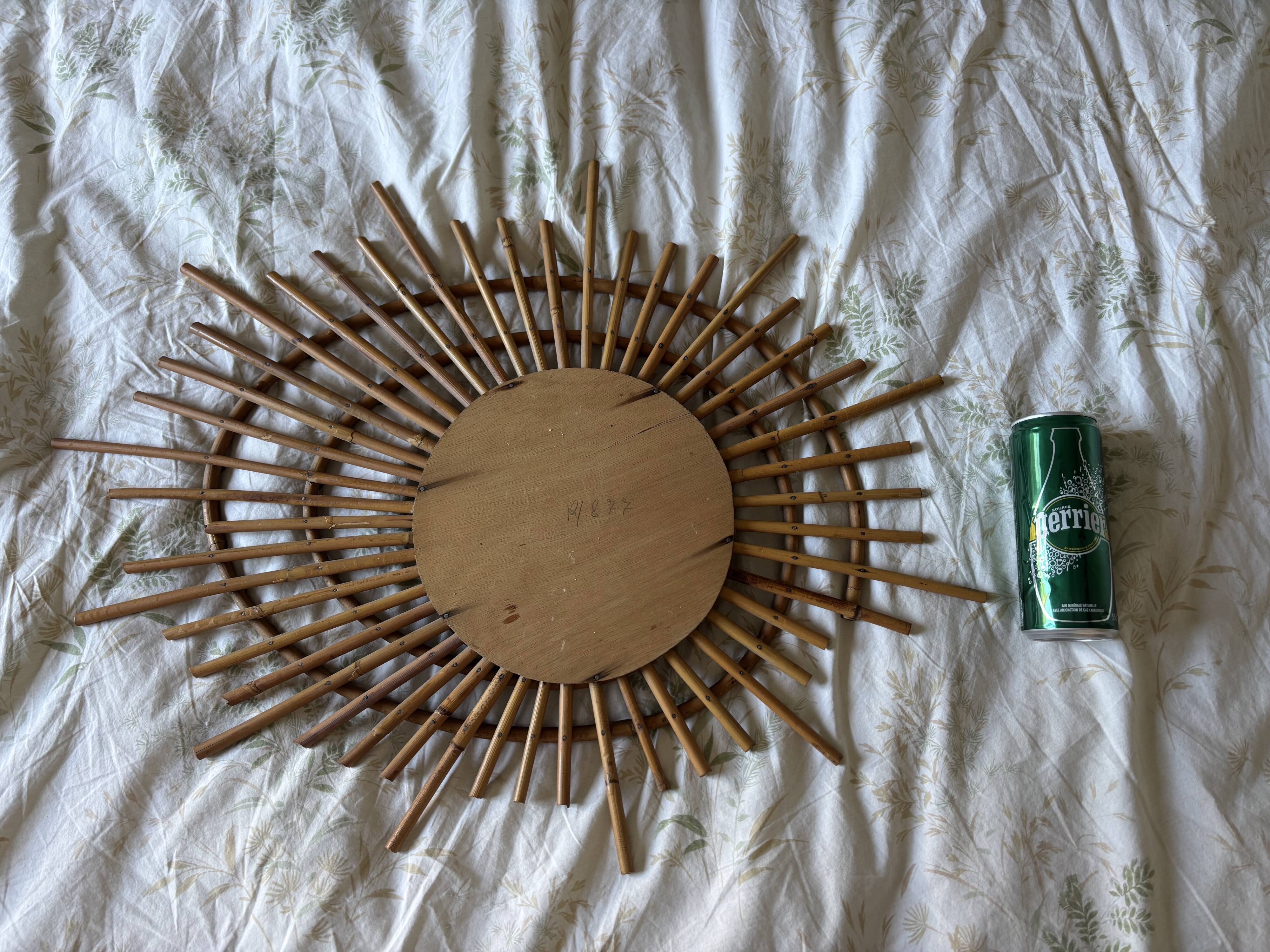 Vintage 1960s sun mirror, rattan, ORTF style, spiral eye - 66 x 50 cm