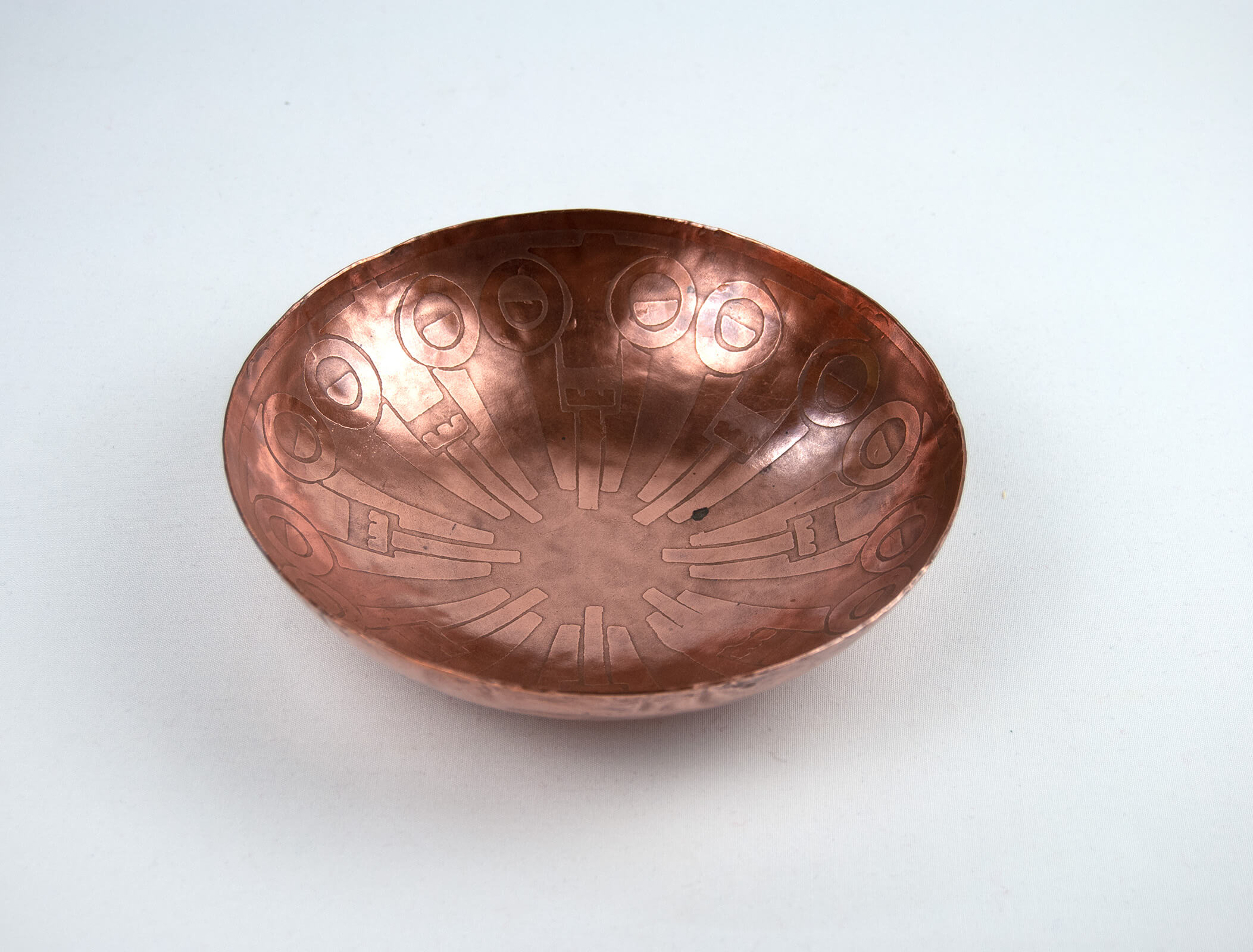 1930s Rare copper bowl with etched motif