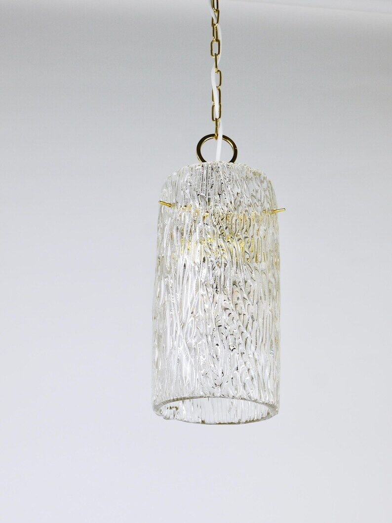 J.T. Kalmar Vienna Midcentury Textured Ice Glass Tube Brass Pendant Lamp, Austria, 1950s