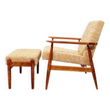 Scandinavian armchair and foot rest yellow mellow Boho upholstery fabric