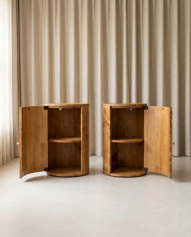 Paire de tables de nuit / tables d’appoint en loupe d’orme – Design contemporain