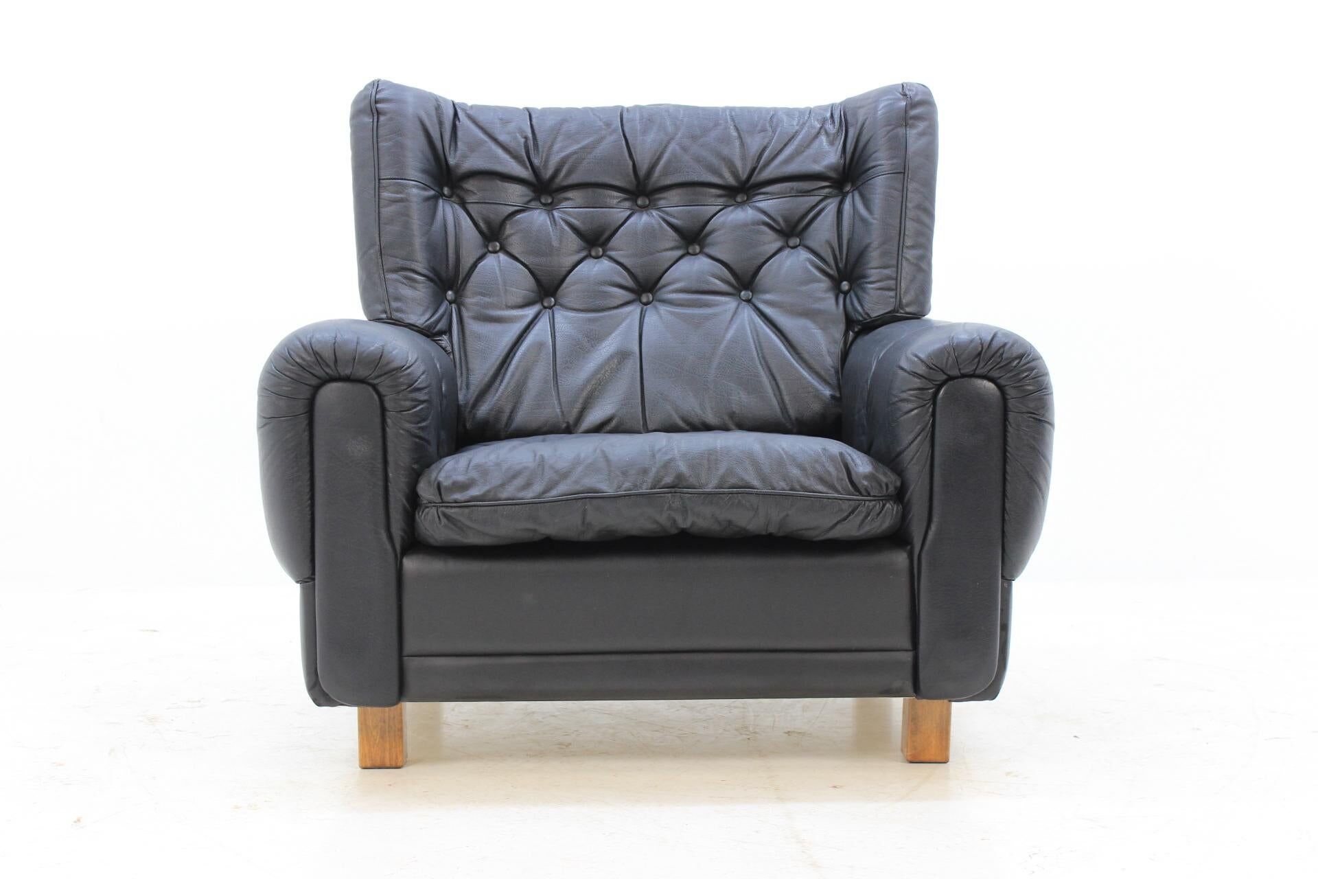 Set of Midcentury Black Leather Armchairs, 1970s