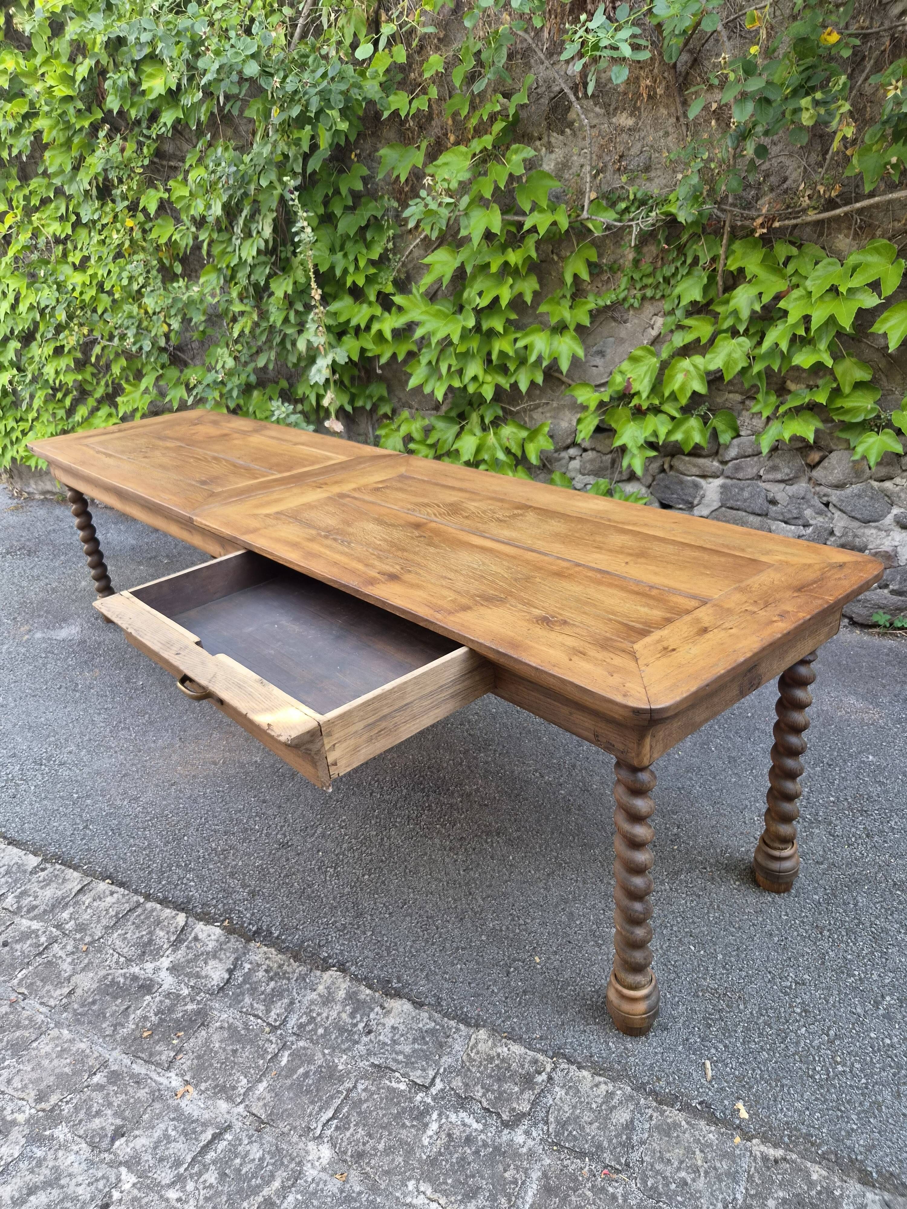 Antique French draper's table in oak, shop counter, work table, 6 feet, circa 1750–1850.