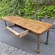 Antique French draper's table in oak, shop counter, work table, 6 feet, circa 1750–1850.