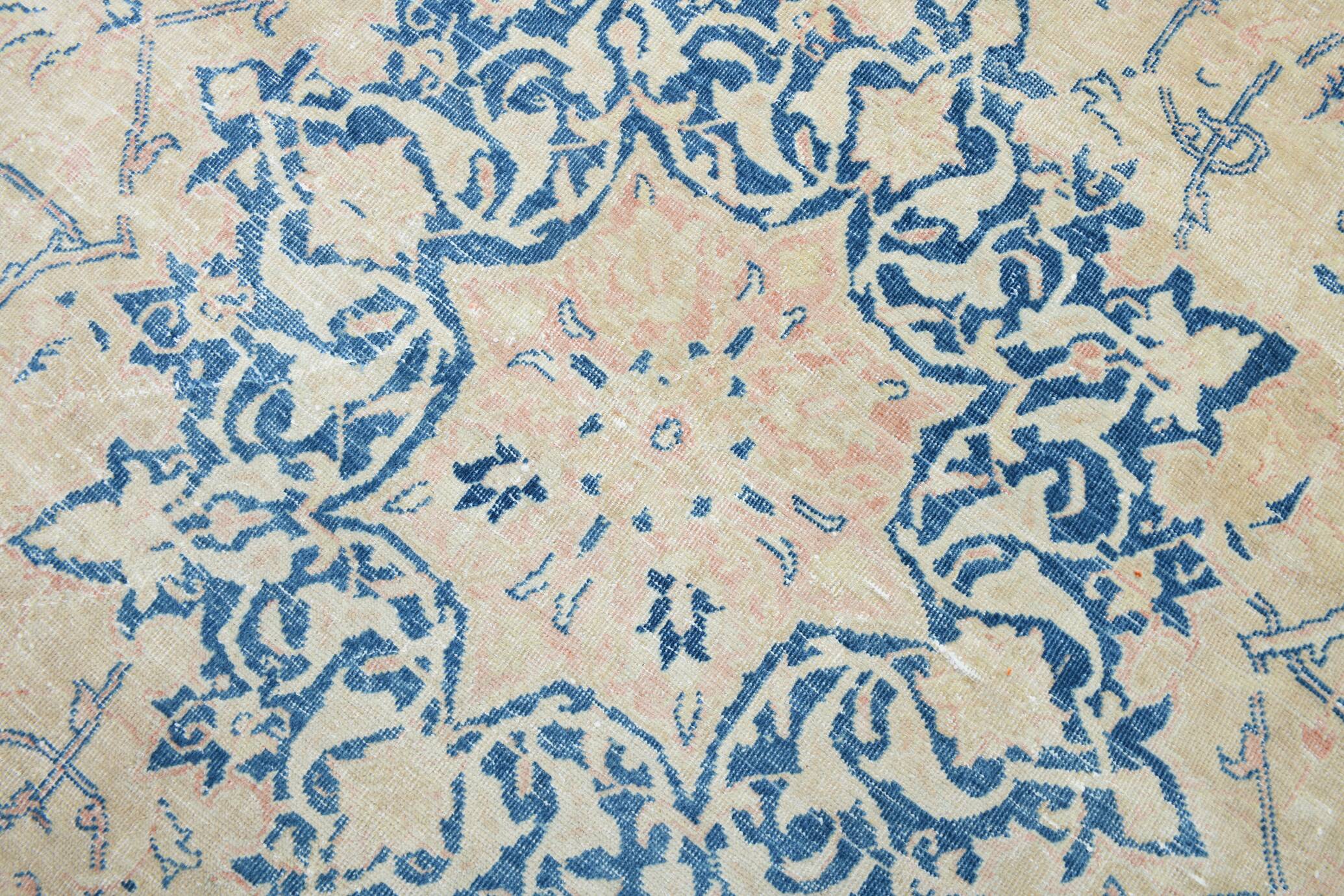 Tapis persan vintage beige et bleu à médaillon floral, 300x393 cm