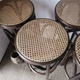 Set of 4 high bistro stools in curved wood and canework.