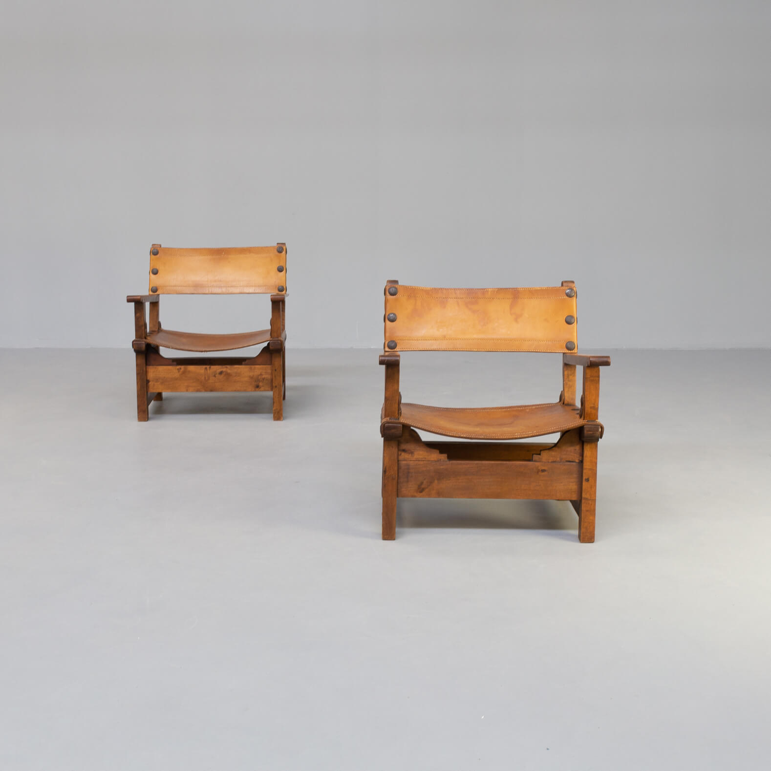 50s oak brutalist spanish chair with saddle leather