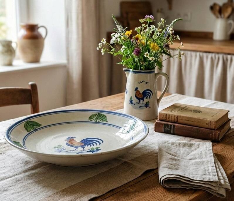 Large Vintage Hand-Painted Plate "Rooster and Foliage"