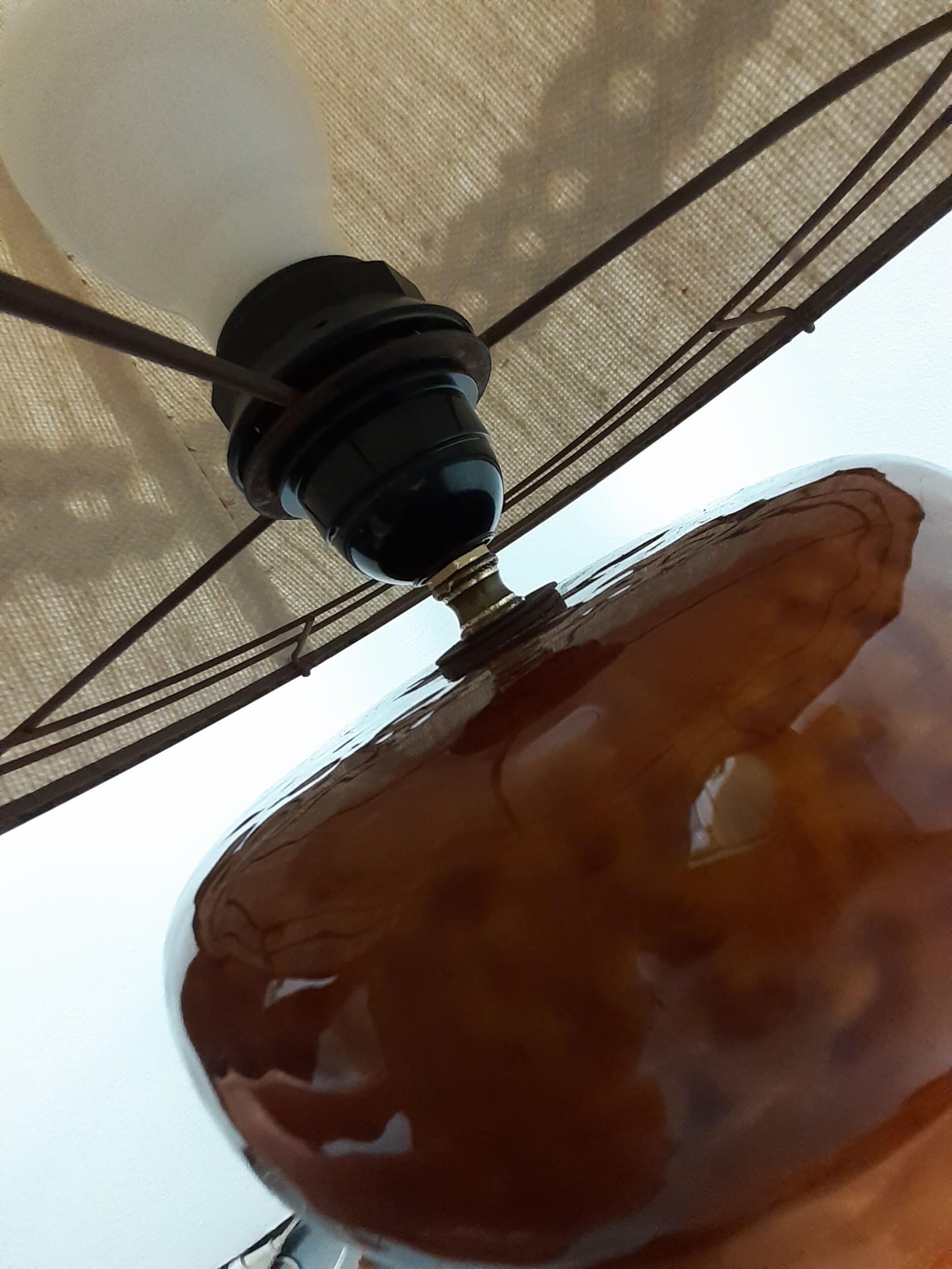 70s floor lamp with open ceramic foot and period lampshade