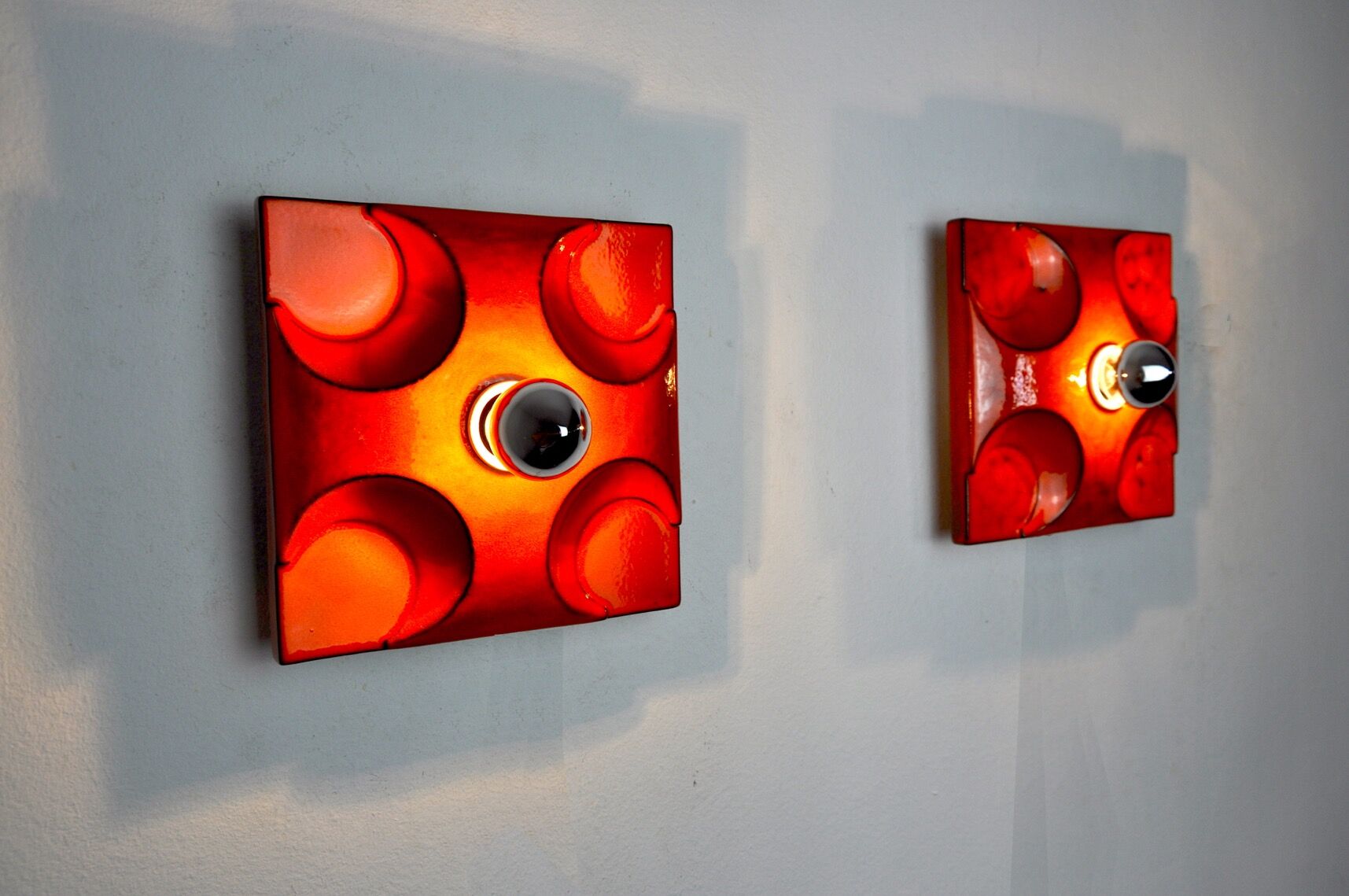 Pair of Fat Lava wall lamps by Hustadt Leuchten, Red ceramic, Germany, 1960