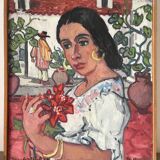 Spanish woman with a red bouquet, signed 1978.