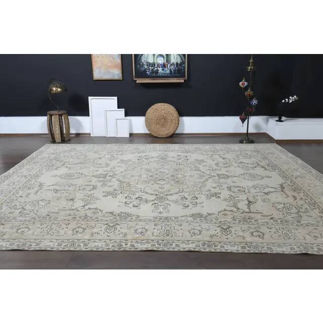1970s Vintage Persian Handmade Wool Cotton Brown Beige Area Rug 289x381