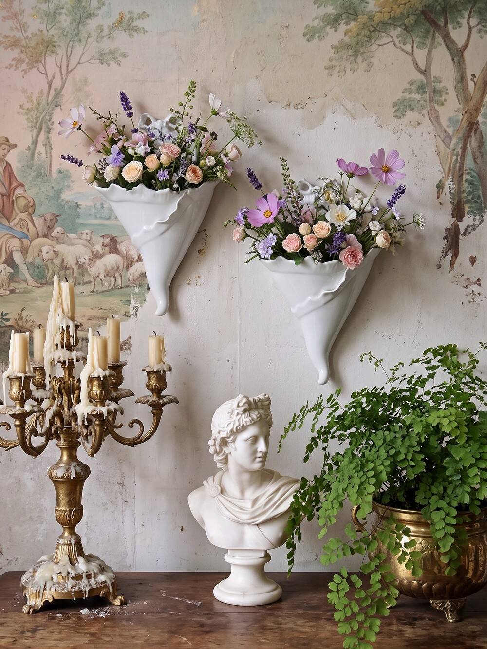 Pair of wall-mounted bouquet holders Giraud Limoges in porcelain, circa 1950-1960.
