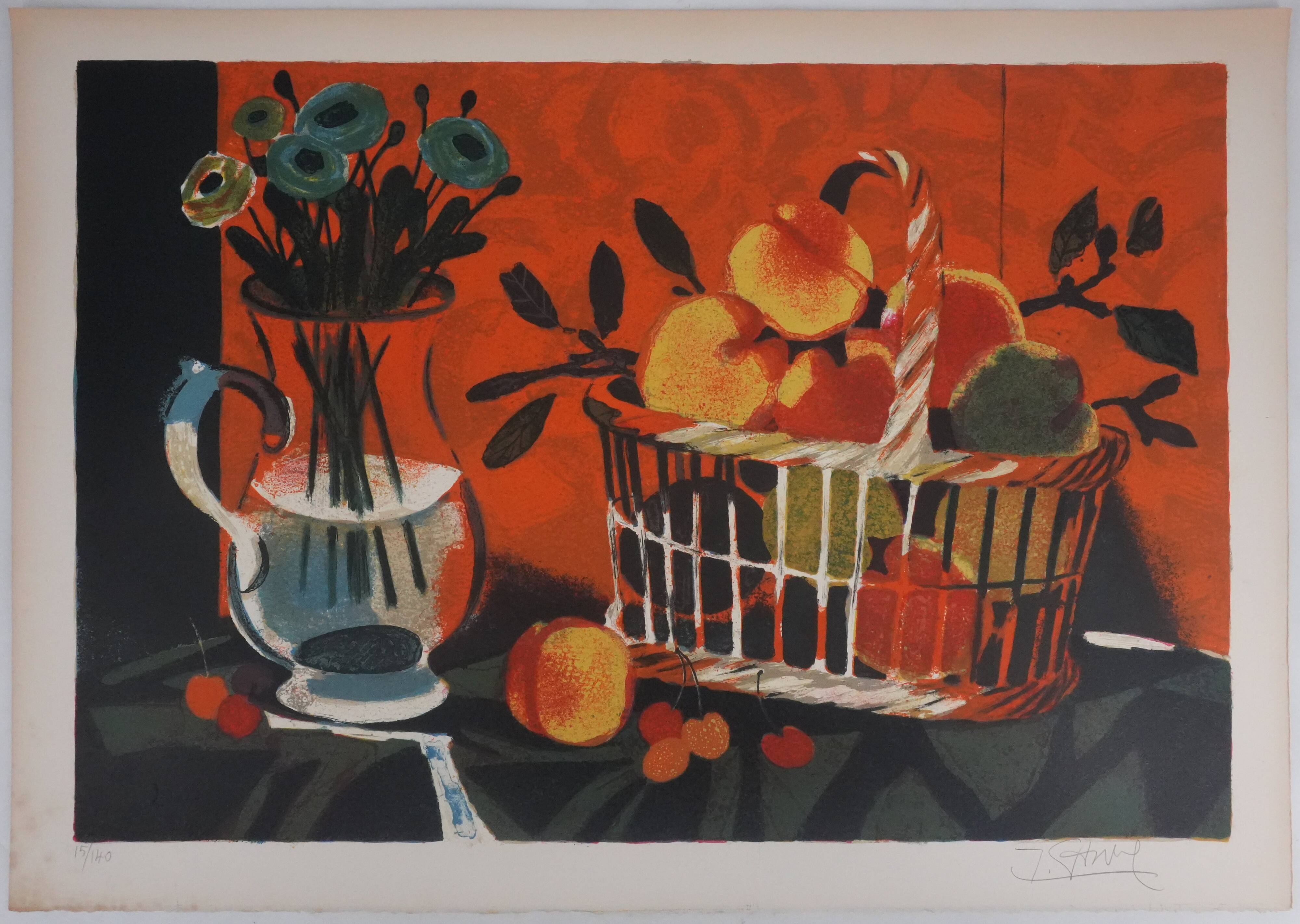 Yves Ganne : Le panier de pêches, lithographie originale signée